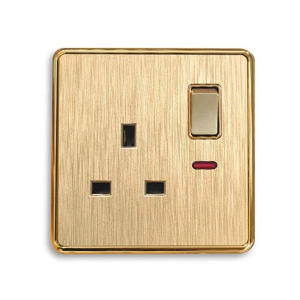 Thin Golden Brushed Panel Traditional Wall home neon power Switches socket outlet with switch