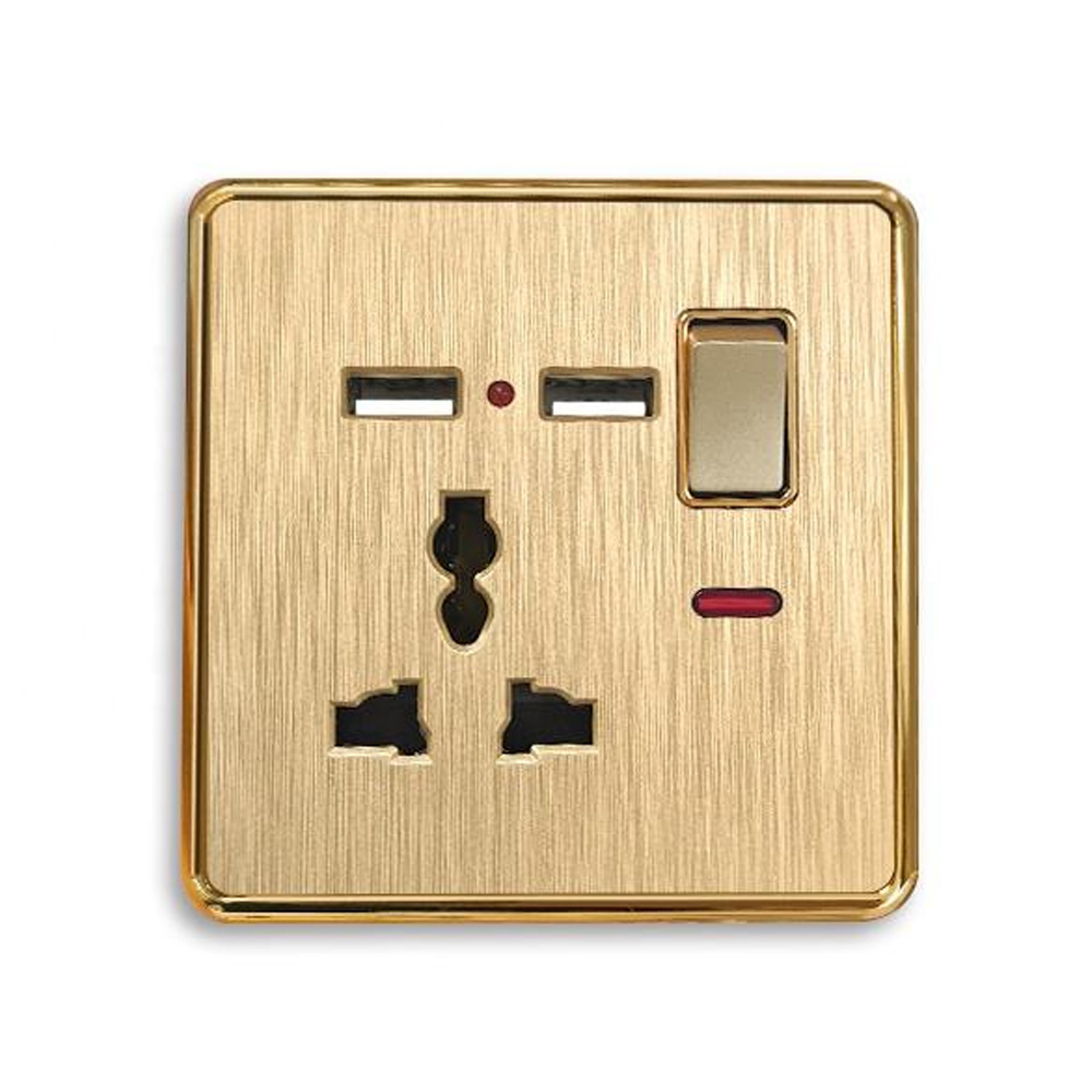 3 pin Universal PC golden brushed panel  2 USB type a c Home Wall Switch Socket Outlet with Neon