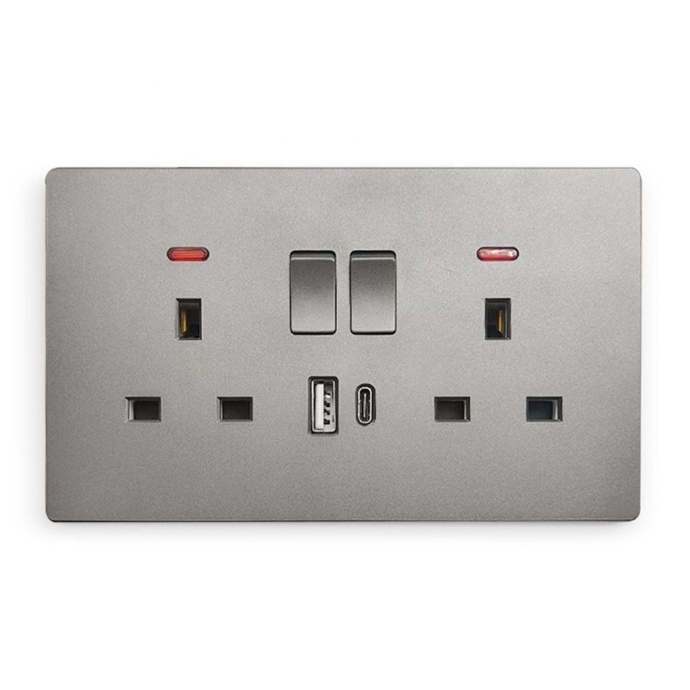 2 Usb Type AC 6 Pin PC Brushed Panel Traditional Gery Wall Home Neon Power Switches Socket Outlet