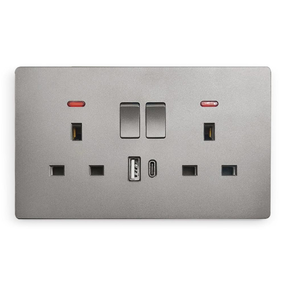 2 Usb Type 6 Pin PC Brushed Panel Traditional Gery Wall Home Neon Power Switches Socket Outlet