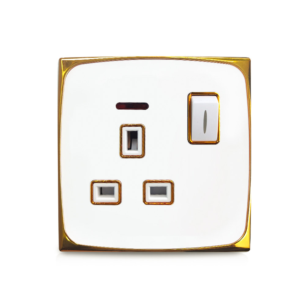 PC Wall Switch 13A Electrical Switch With Neon Golden-Plated Round Frame Light Control