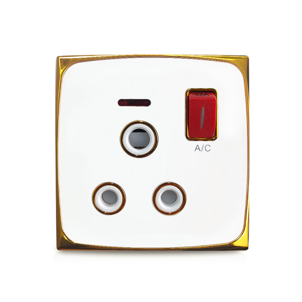 Gold Luxury Design 32A Socketed Switch With Neon PC Electrical Outlet Wall Switch